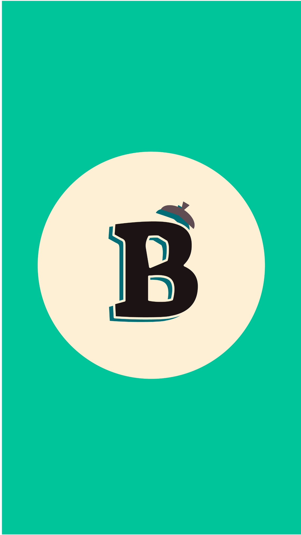 Logo de Bellotipo. Sobre un fondo verde turquesa aparce un círculo amarillo pastel sobre el que aparece una letra B mayúscula negra y un mangurrio marrón sobre ella. La letra B está modificada en su interior de modo que parece que tiene la parte de abajo d